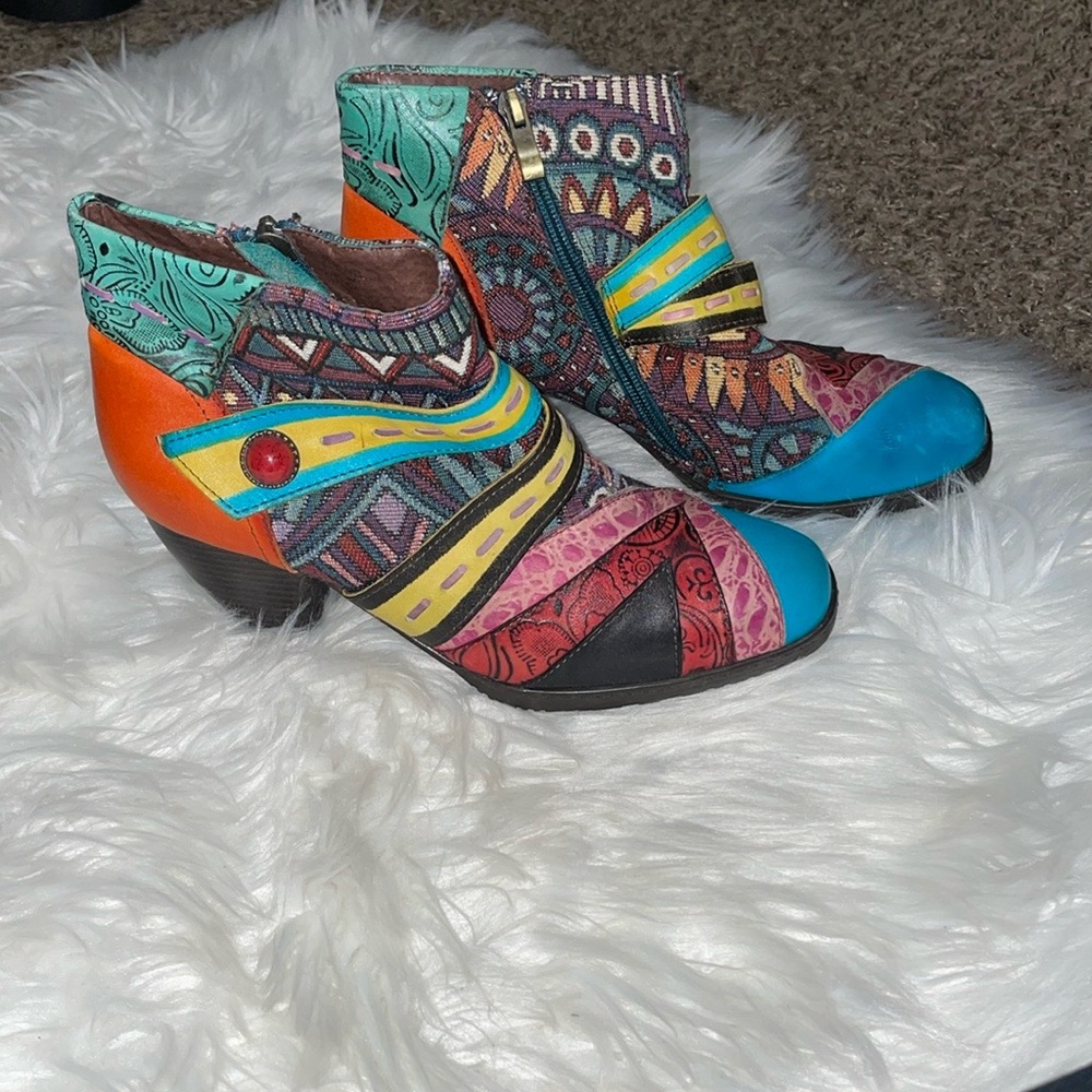 Socofy Patchwork Tapestry Leather Colorful Women's Ankle Boots - Picture 4 of 11